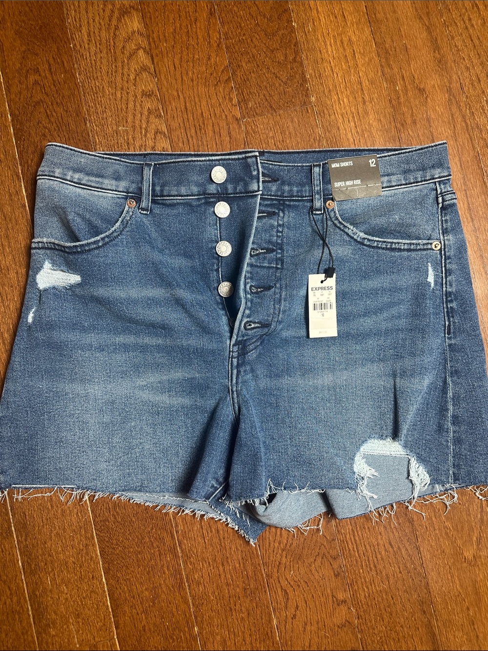 Express Blue High-Rise Distressed Button-Fly Jean Shorts